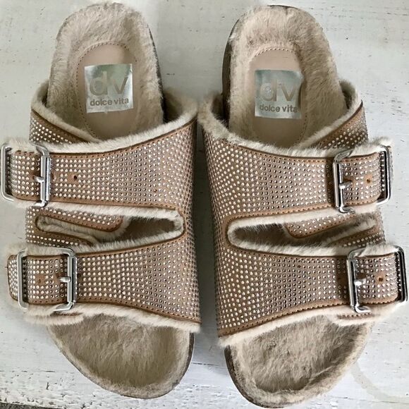 Dolce Vita Bonita Fuzzy Footbed Rhinestone Slippers Sandals Tan - Picture 6 of 7
